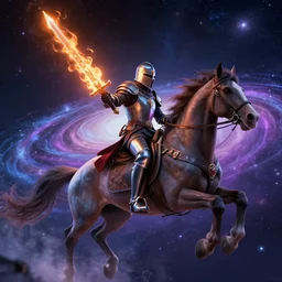 A knight holding a flame sword while riding in a horse through the galaxy, vaporwave, hyperrealistic, 8K, highly detailed, volumetric lighting,