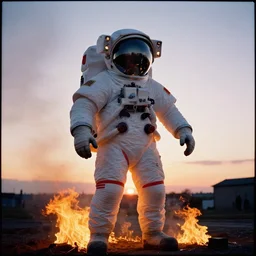 shot on kodachrome, single subject, giant american spacesuit astronaut, in burning legnica, sunrise, by vhs camcoder
