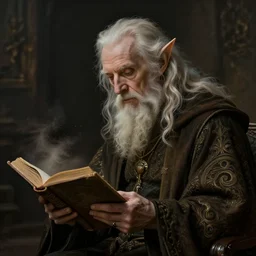 a 1 3 th century, enigmatic, melancholic, fae wizard ( look like ( ( eighty years old christopher lee ) ), is ( ( reading an old book ) ). light dust, magnificent, hyperdetailed, theatrical, painted by john howard sanden