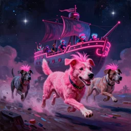 oil painting, dog run, pink, ultra detailed, the middle view dog, run, spase dogs and punks running with neon mohawks, space, dark, stars, pirate neon ship with punks on board, neon, rich deep colors masterpiece, contrast, clouds, sky, volumetric light, atmospheric lighting, dramatic, moody, octane render