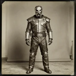 doomguy, portrait, full body, symmetrical features, silver iodide, 1 8 8 0 photograph, sepia tone, aged paper, sergio leone, master prime lenses, cinematic
