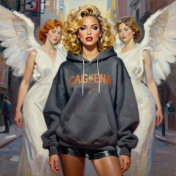 yolandi visser in the style of martine johanna and greg rutkowski, wearing hoodie, madonna surrounded by angels, street fashion,!! haute couture!!, full figure painting by john berkey, david choe, ismail inceoglu, gorgeous features, detailed impasto brushwork
