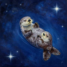 a sea otter swimming amongst the stars, upbeat cosmic painting, elegant intricate digital painting artstation concept art by mark brooks and brad kunkle extreme detailed