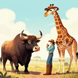 an imposing bull cowboy staring down a rival giraffe cowboy, manga comic style, digital art, pastel colours