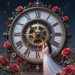 Mechanical gear,Rose twining,Giant clock,prayer,out of time and space,dreamy, eternity, romantic, epic, artstation, highly detailed, in the style of James jean, Miho Hirano, Rebecca guay, night lighting