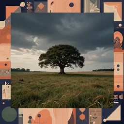 a single ancient tree flat graphic in the distance, a vast field in the countryside of england, a magical tree, very wide view, dramatic lighting, aesthetic, disturbing, rule of thirds, clever design, decorative modern graphic design collage border, by hannah hoch and jesse treece and christian jackson and josh brill