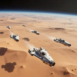 a squadron of spaceships flying into frame as the shoot down other spaceships, located in the atmosphere of a desert planet, Unreal Engine, 3d render, 4k
