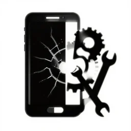 a logo of a smartphone where the left half is broken and the right half is repaired, depicted next to a cog wheel and a wrench, black logo art