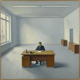 painting of a lone man, sitting at his desk in an empty, huge office, in the style of pablo picasso
