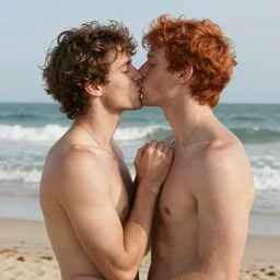 a curly brown hair man kissing on the lips a muscular red hair man on the beach
