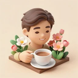 isometric view, guy having chai, happy, flowers, absurdly beautiful, elegant, realistic ultrafine hyperrealistic detailed face illustration by amrita sher - gil and wong kar - wai, intricate linework, sharp focus, bright colors, matte, unreal engine highly rendered, global illumination, radiant light, intricate environment