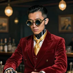 portrait of a male cyborg bartender, chinese, slick brushed - back hair, half - robot half - human, red velvet mao suit, golden ascot, steampunk monocle, in a dark bar lit by floating lights, post - impressionist