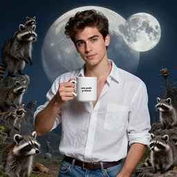 portrait of a ( ( ( una taza de cafe grande y blanca ) ) ), ( ( guapo joven caliente espanol roboto con camisa abierta ) ), racoons y magia, el la luna, concept character, post apocaliptic, by silvio berlusconi and tezuka and oi and mucha and bierstadt and remington, trending