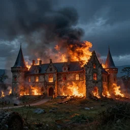 medieval villa consumed by fire, night sky smoke everywhere, summerhall, game of thrones, volumetric lighting, fantasy artwork, very beautiful scenery, very realistic painting effect, hd, hdr, cinematic 4 k wallpaper, 8 k, ultra detailed, high resolution, artstation