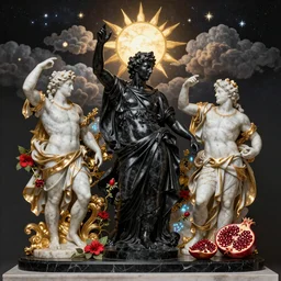 tilt shift, huge italian masterpiece from behind, Ashford Black Marble sculpture, baroque, beautiful, gracious, pagans, marble and gold, space, stars, clouds, sun, drapes, greeks, fruits, bioluminescent, pomegranade, Thunder, render, artstation, draped with red Hibiscus and vines, ultra detailed