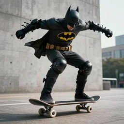 batman skating, with a cyberpunk skateboard skateboard, realistic, photography