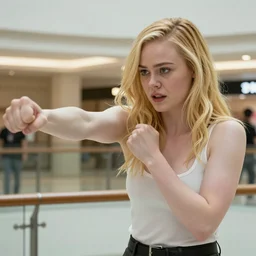 Terminator punching Elle Fanning in a mall