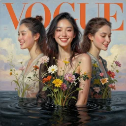3 d, smiling fashion model, flowers, liquid black water, morning, vogue cover style, poster art, high detail, intricate oil painting, multiple exposure, heaven mood, hyperrealism, 3 d, by tooth wu and wlop and beeple and greg rutkowski