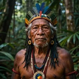 a portrait of an indigenous amazonian elder in the jungle, fantasy art