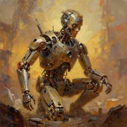 enviroment design, a man made out of broken machine parts, warm colors, cinematic dramatic atmosphere, oil painting by jama jurabaev, extremely detailed, brush hard, artstation, for aaa game, high quality, brush stroke