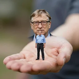 very tiny bill gates in the palm of my hand, looking up at the camera, hyper realistic photo, highly detailed, sharp focus, depth of field