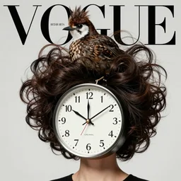 hair styled to look like a coocoo clock with the bird popping out, real life, photograph, salon magazine cover, high end fashion, crazy hair, creative, odd