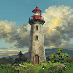 lofi lighthouse, carved stone, grass, miyazaki style