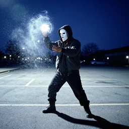 kodachrome photo, homeless sub zero from mortal kombat in a mask doing magic tricks with ice, flashing, by bruce gilden, on a parking lot, overexposed, grainy, kodachrome, magnum photos