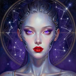 beautiful cyber female with purple mechanic eyes red lips and metallic skin, face, sci - fi, metal skinn, constellation geometry space mandal background, breathtaking stars, elegant, highly detailed, digital painting, artstation, concept art, smooth, sharp focus, spiritual art, art by artgerm and greg rutkowski and alphonse mucha, psychedelic, illustration, painting oil,