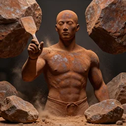 highly detailed photography of a men made of rust clay, big rocks, hand gesture, sharp focus, dust particles, dramatic scene, aesthetic, dynamic lighting, elegant, harmony, masterpiece, by roberto ferri, high quality, spatula