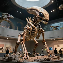 the skeleton of a alien monster inside a prehistoric modern museum