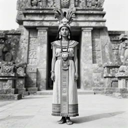full body photo portrait of attractive aztec beauty in temple, old photo, highly detailed, fashion photography, black and white, by Annie Leibovitz
