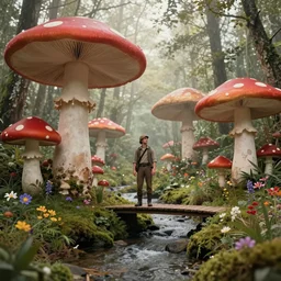 adventurer ( ( ( ( ( 1 9 5 0 s retro future forrest of giant mushrooms, moss and flowers, stream with bridge. muted colors. ) ) ) ) ) by jean baptiste monge!!!!!!!!!!!!!!!!!!!!!!!!! chrome red