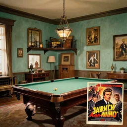 a 1 9 5 0's - era mansion with 1 9 4 0's - era paint scheme, interiors, and furnishings, movie poster, movie still, photo of a pool table