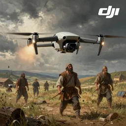 A painting of DJI Mavic drone attack peasant, medieval graphic, high detailed, museum archive
