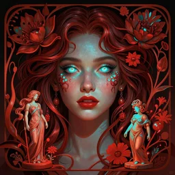 liza soberano as darna, wax figure, glowing eyes, volumetric lights, red and cyan theme, art nouveau botanicals, intricate, highly detailed, digital painting, artstation, concept art, smooth, sharp focus, cinematic, illustration, beautiful face, art by artgerm and greg rutkowski and alphonse mucha