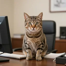 Tabby Cat the president behind his office desk