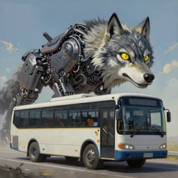 Mechanical  animal - transformer hybrid of bus and wolf, having cabin in form of wolf head with big yellow eyes looking at us and long mechanical body - it is bus with wheels and windows, we see him half-face, mechanical form of life, oil on canvas, fantasy, magic, dream, perfect composition, digital painting, concept art, smooth, sharp focus, illustration, artstation trending, octane render, unreal engine, anime style, cyberpunk