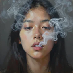 minimal abstract painting, closeup of the mouth of a young filipino woman with very narrow face, smoke from her mouth, surrounded by thick swirling smoke, by conrad roset, long brush strokes, dramatic lighting, trending on artstation