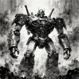 one giant robot, ricardo federici, epic composition, feng zhu, masterpiece, ink drawn horror, greate space, creepy, fog, volume light, black and white high resolution, 8 k, highly detailed, processing, extremely hyperdetailed
