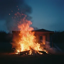 lomo photograph of a huge modern cabin on fire, out of focus, embers, dramatic lighting, night, dark, grainy, fog