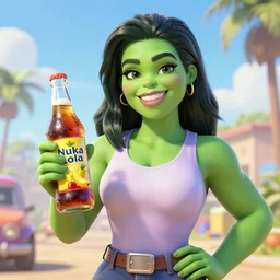 happy she - hulk holding a bottle of delicious pineapple, cherry & banana flavoured nuka cola, post apocalypse, unreal engine, retro futurism, dieselpunk, 3 d art, concept art, highly detailed, pop art, by artgerm and jakub rozalsky