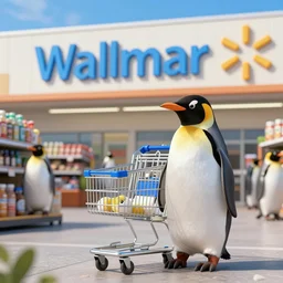highly detailed Penguin going shopping at Walmart, detailed Walmart sign, detailed shopping cart, 4k, Photorealistic, Ray tracing, 8k, studio quality lighting, trending on artstation