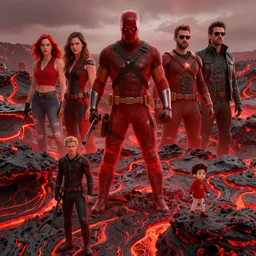 red themed mashup lava landscape with movie characters, cinematic, die hard, marvel, disney, indie, highly detailed, featured on artstation, highly detailed, abstract