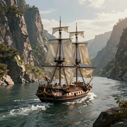 a single frigate sailing a high cliffed river, exquisite, volumetric lighting, 8 k octane beautifully detailed render, post - processing, extremely hyper - detailed, intricate, epic composition, cinematic lighting, masterpiece, trending on artstation, stunning art by andrey surnov, by alex heywood, beautiful cinematic light