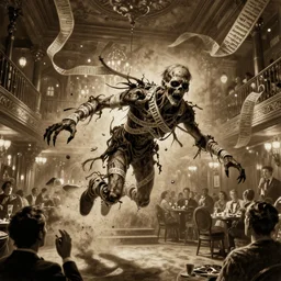 action scene sepia painting of an undead flying zombie, in a 1 9 2 0 s warping hotel ballroom, with wrappings with nabeatean writing floating around it, clyde caldwell, h. p. lovecraft, atmospheric lighting, brooding, painted, intricate, ultra detailed, well composed, best on artstation, cgsociety, epic, horror, stunning, gorgeous, intricate detail, much wow, masterpiece, cinematic aesthetic octane render, 8 k hd resolution,