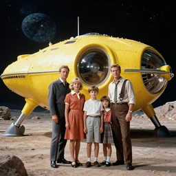 highly detailed, 268435456k film, 4200mm film still from a sci fi blockbuster color movie made in 1990, set in 1960, of a family standing in front of a yellow plastic spaceship that has just landed on an alien planet, the family are all wearing 1960s era clothes, good lighting, good photography, ultra high definition