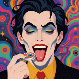 a colorful vibrant closeup portrait of a villain licking a tab of lsd acid on her tongue and dreaming psychedelic hallucinations, by kawase hasui, moebius, edward hopper and james gilleard, zdzislaw beksinski, steven outram colorful flat surreal design, hd, 8 k, artstation