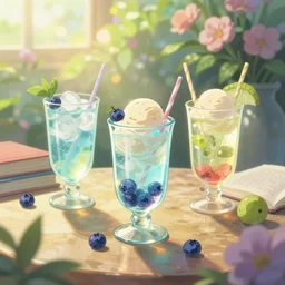cold drinks, ice cream, blueberry embellishment, books and flowers, trending on studio ghibli, dreamy, soft, global illumination, radiant light, intricate environment, luminescence, highly detailed, 8 k