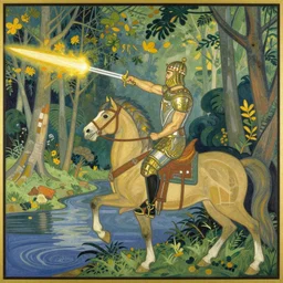 beautiful forest and river, mounted king with firing sword painted by ivan bilibin, illustration, stylized, moderne, art deco